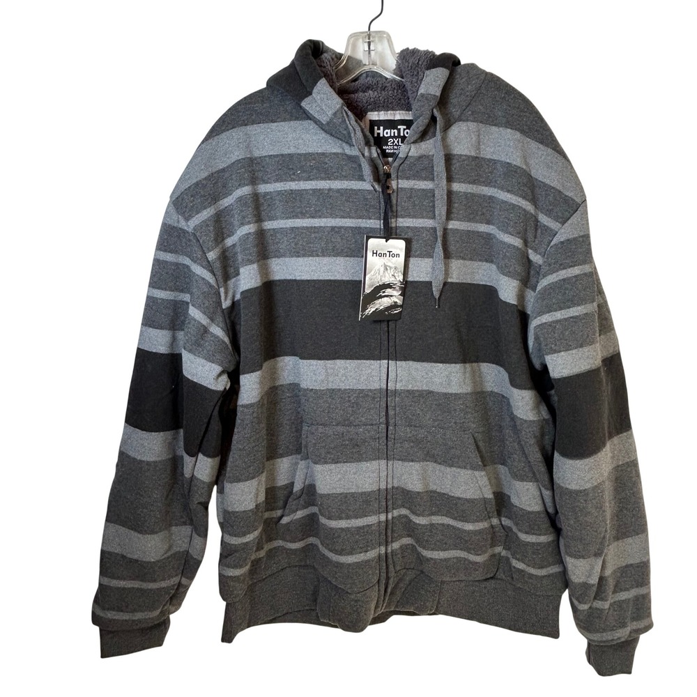 HanTon Mens Sherpa Lined Full Zip Striped Hoodie Dark Grey 2XL‎ NWT